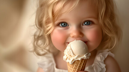Naklejka premium Sweet moments captured of a toddler enjoying ice cream on a sunny day in a cozy indoor setting