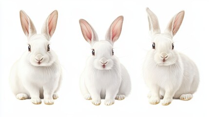 Obraz premium Trio of white rabbits sitting in a row on white background for animal portrait design