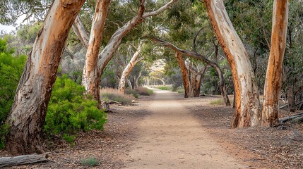 Coastal path, eucalyptus trees arching, sunlight, nature trail, travel