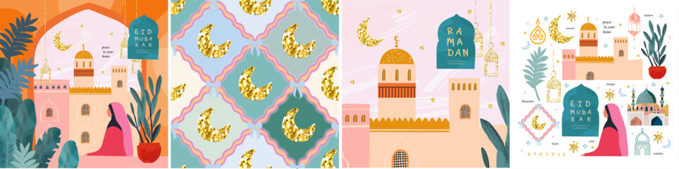 Ramadan kareem. Eid mubarak. Vector illustration of mosque, prayer, islamic festival, arabic street view arch and crescent moon seamless pattern for greeting card, postcard, poster and background