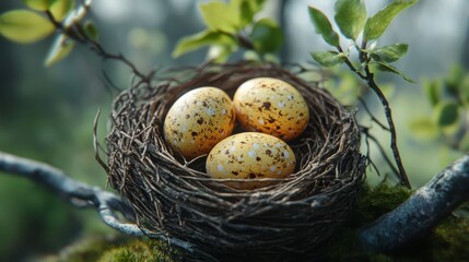 Fototapeta premium Easter eggs in twig nest on mossy branches amid swedish spring foliage