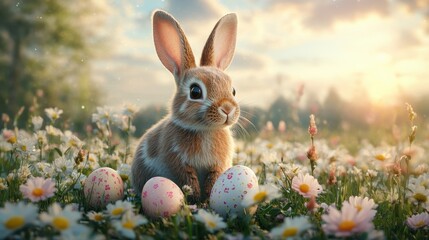 Fototapeta premium Adorable bunny with easter eggs in meadow surrounded by flowers at sunrise