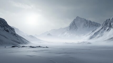 Obraz premium Serene winter mountain landscape with snow-covered peaks and overcast sky