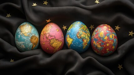 Creative easter eggs painted with world map designs on textured fabric background