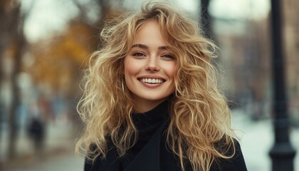 Obraz premium Stylish Portrait Of A Happy Blonde Girl With Long Curly Hair Walking In The City Street In A Black Coat.