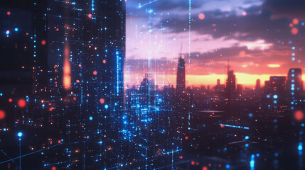 Naklejka premium Smart digital Innovation city with connection network reciprocity over the cityscape. of future smart wireless digital city and social media networking systems that connects people with in city