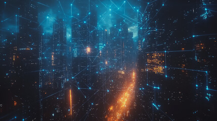 Smart digital Innovation city with connection network reciprocity over the cityscape. of future smart wireless digital city and social media networking systems that connects people with in city