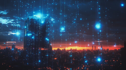 Obraz premium Smart digital Innovation city with connection network reciprocity over the cityscape. of future smart wireless digital city and social media networking systems that connects people with in city