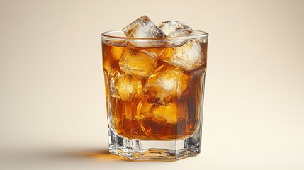 Iced amber drink in a glass.