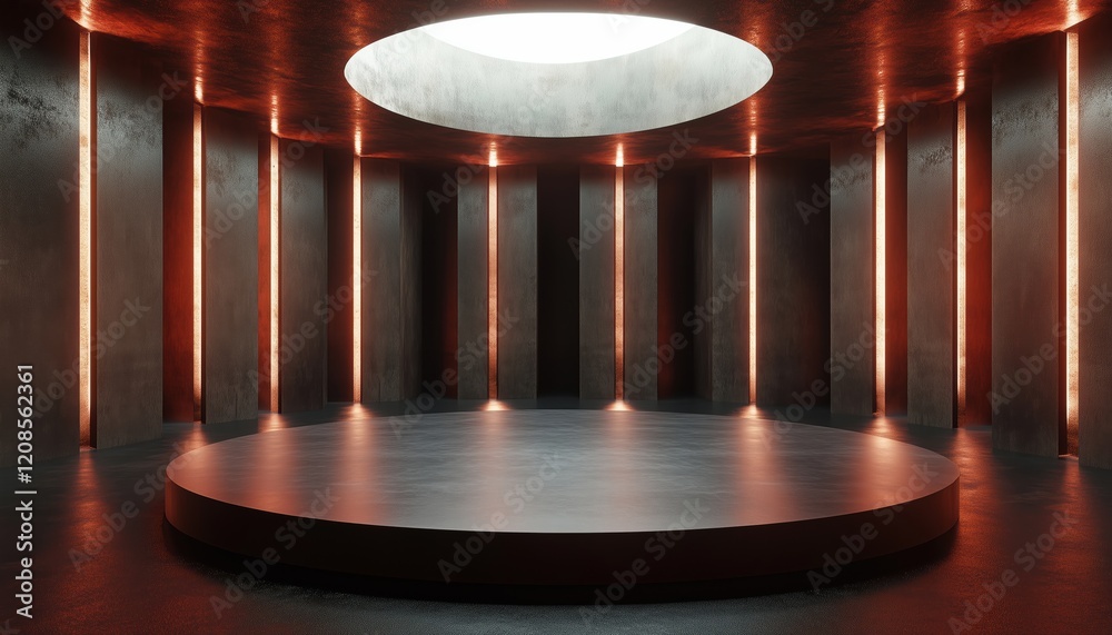 Poster computer generated image of an empty room with a circular stage in the middle, 3d rendering of a dig