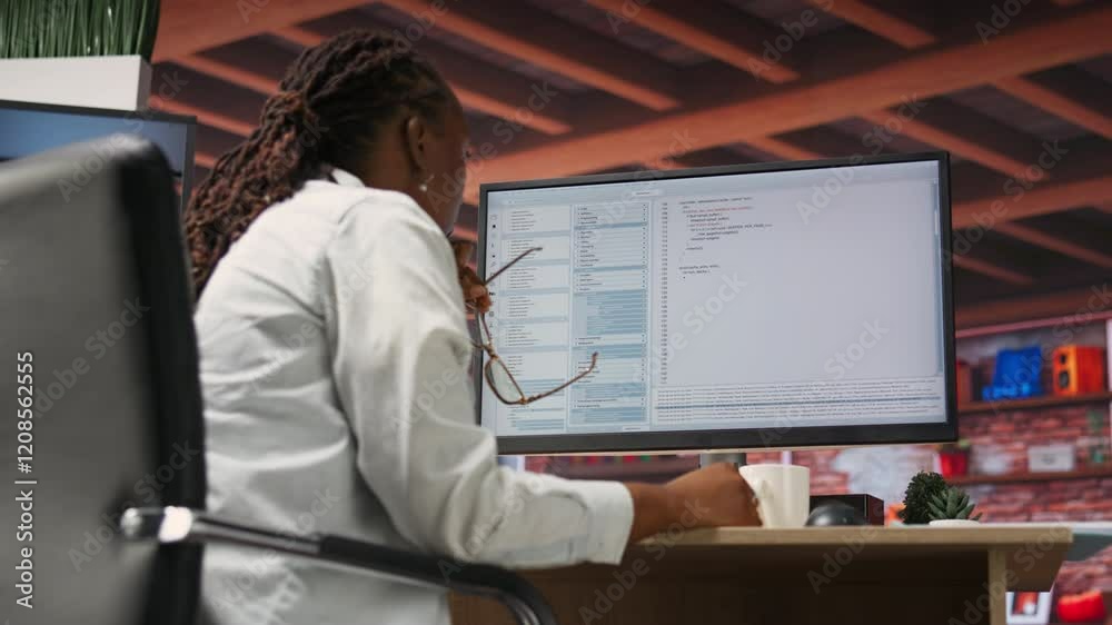 Fototapete Irked software developer frustrated while coding, struggling to implement algorithms. Unhappy IT expert annoyed while working with code editor, unable to optimize performance, camera B
