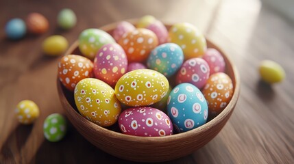 Fototapeta premium Colorful easter eggs in wooden bowl for spring celebration design