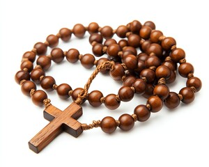 Ancient prayer beads with wooden cross pendant, traditional rosary design isolated on white background