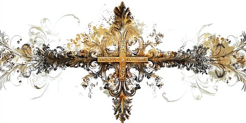 Artistic rendering of INRI inscription with scrollwork, ancient script style, holy symbols, religious art elements, isolated on white background