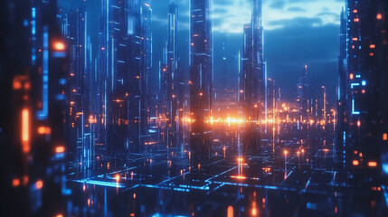 Obraz premium Smart digital Innovation city with connection network reciprocity over the cityscape. of future smart wireless digital city and social media networking systems that connects people with in city