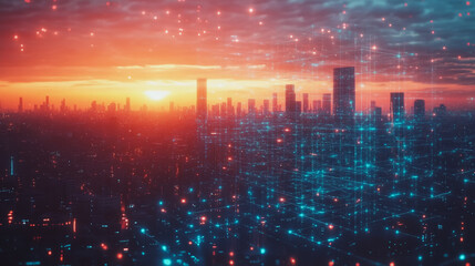 Obraz premium Smart digital Innovation city with connection network reciprocity over the cityscape. of future smart wireless digital city and social media networking systems that connects people with in city