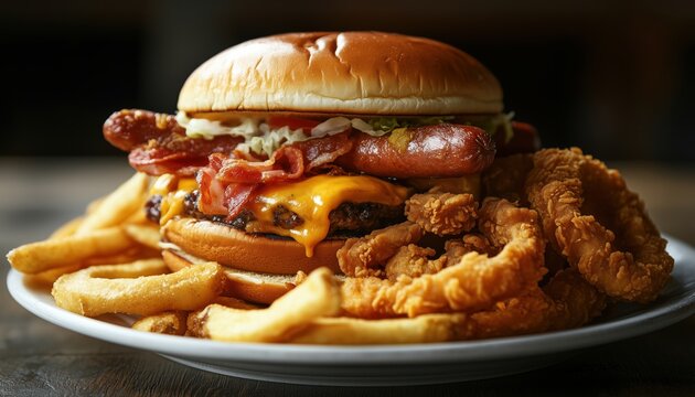 Symbolic Representation Of Overeating: A Fast Food Diet Featuring Onion Rings, Burgers, Hot Dogs, Fried Chicken, French Fries, And Pizza On A Greasy Plate.