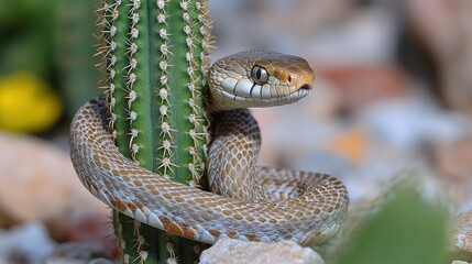 Fototapeta premium Snake coiled around a cactus, desert setting.