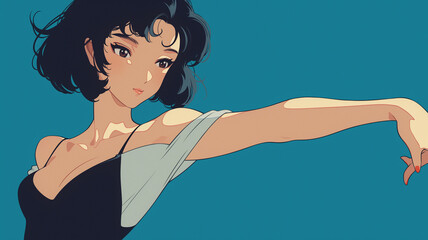 ロマンティックな女性イラスト｜美しいドレスの流れ。80年代、90年代の懐かしい日本のアニメをモチーフにしている。