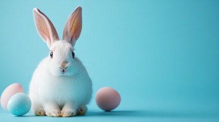 Fototapeta premium Adorable bunny and colorful eggs against a blue background for easter design