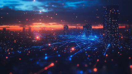 Obraz premium Smart digital Innovation city with connection network reciprocity over the cityscape. of future smart wireless digital city and social media networking systems that connects people with in city