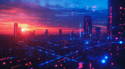 Fototapeta premium Smart digital Innovation city with connection network reciprocity over the cityscape. of future smart wireless digital city and social media networking systems that connects people with in city