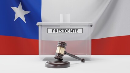 3D rendering of a Chilean ballot box with a sign saying "presidente", which means "president" in Spanish, and a court hammer. With the Chilean flag in the background.
