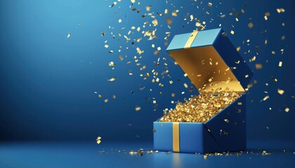 Golden Prize: Unveiling The Opened Blue Box With A Confetti Explosion And A Glowing Winning Word, Creating A Spectacle Of Flying Particles.