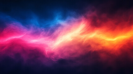 A grainy gradient banner design featuring purple, red, blue, orange, yellow, and pink colors on a black background symbolizing chaos, energy, and emotional intensity in an abstract artistic style

