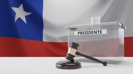 3D rendering of a Chilean ballot box with a sign saying "presidente", which means "president" in Spanish, and a court hammer. With the Chilean flag in the background.