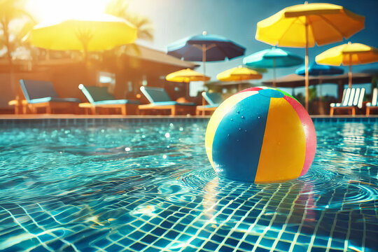 Swimming pool scene with colorful beach ball, sun loungers, umbrellas blurred in background, summer vacation, leisure activity, design for postcard, wallpaper, banner, tropical travel, resort
