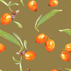 Seamless Watercolor Botanical Pattern of Sea Buckthorn Branches with Orange Berries and Green Leaves