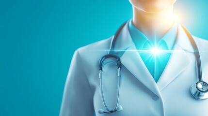 Close-up of a woman doctor with stethoscope around her neck, soft lighting, compassionate expression, blank space for healthcare messages, digital art style