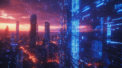 Naklejka premium Smart digital Innovation city with connection network reciprocity over the cityscape. of future smart wireless digital city and social media networking systems that connects people with in city