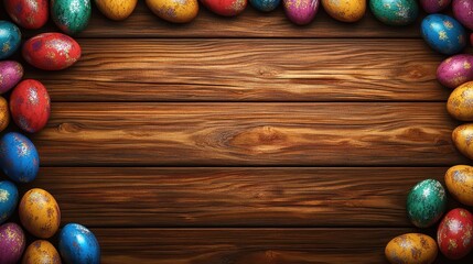 Colorful easter eggs with copy space on wooden background for spring decoration
