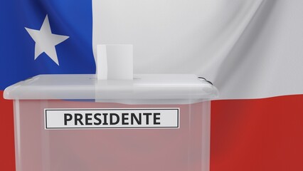 3D rendering of a Chilean ballot box with a sign saying "presidente", which means "president" in Spanish. With the Chilean flag in the background.