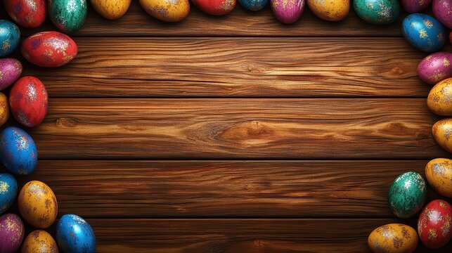 Colorful easter eggs with copy space on wooden background for spring decoration