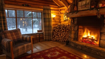 Cozy Cabin Interior with Warm Fireplace and Snowy Landscape View