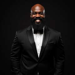 Obraz premium A bald, dark-skinned man exudes confidence and charm, his bright, beaming smile radiating warmth as he stands tall in a sleek, tailored black gala suit