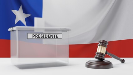 3D rendering of a Chilean ballot box with a sign saying "presidente", which means "president" in Spanish, and a court hammer. With the Chilean flag in the background.