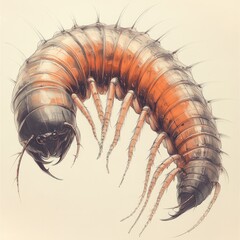 Fototapeta premium Detailed drawing of a segmented, many-legged creature.