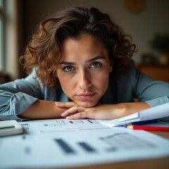 A person, likely an architect or real estate agent, surrounded by financial calculations and house plans spread out on a rustic wooden table
