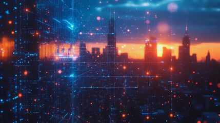 Fototapeta premium Smart digital Innovation city with connection network reciprocity over the cityscape. of future smart wireless digital city and social media networking systems that connects people with in city