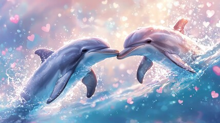 Fototapeta premium A pair of dolphins in a loving pose, soft pink hearts shimmering around, in a vibrant ocean backdrop, dreamy pastel tones, watercolor realism