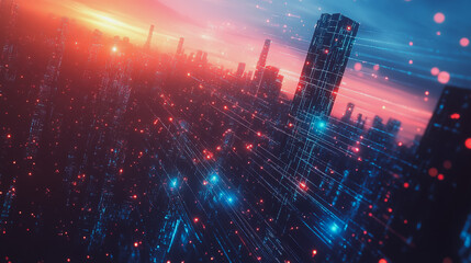 Obraz premium Smart digital Innovation city with connection network reciprocity over the cityscape. of future smart wireless digital city and social media networking systems that connects people with in city