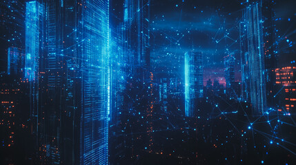 Obraz premium Smart digital Innovation city with connection network reciprocity over the cityscape. of future smart wireless digital city and social media networking systems that connects people with in city