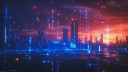 Obraz premium Smart digital Innovation city with connection network reciprocity over the cityscape. of future smart wireless digital city and social media networking systems that connects people with in city