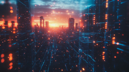 Obraz premium Smart digital Innovation city with connection network reciprocity over the cityscape. of future smart wireless digital city and social media networking systems that connects people with in city