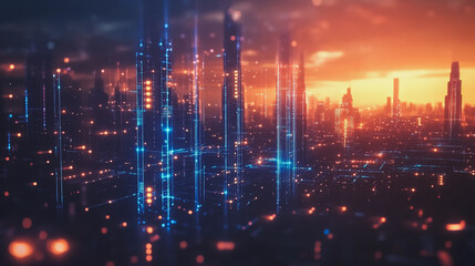 Obraz premium Smart digital Innovation city with connection network reciprocity over the cityscape. of future smart wireless digital city and social media networking systems that connects people with in city