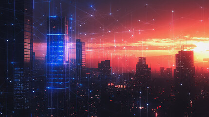 Obraz premium Smart digital Innovation city with connection network reciprocity over the cityscape. of future smart wireless digital city and social media networking systems that connects people with in city
